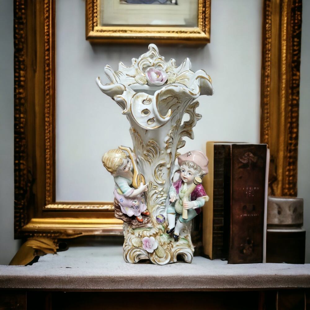 Vintage Japan UCAGCO Victorian Boy & Girl Playing Instruments Vase